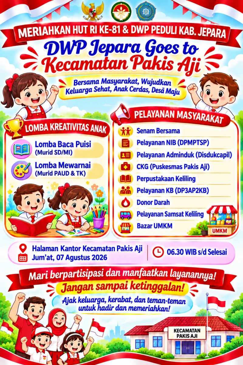 TP PKK Kecamatan Pakis Aji Mendukung Suksesnya Kegiatan Pencanangan HUT RI Ke-81 dan DWP Peduli Kabupaten Jepara  Narasi: