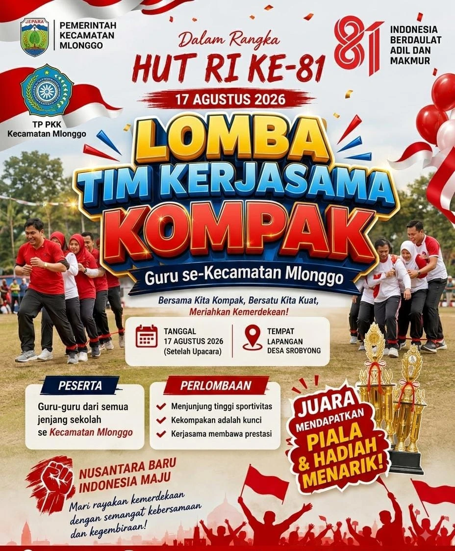 Semarak HUT RI ke-81, Guru se-Kecamatan Mlonggo Adu Kekompakan dalam Lomba Tim Kerja Sama Kompak