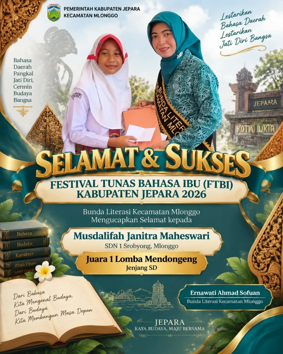Bunda Literasi Kecamatan Mlonggo Apresiasi Juara 1 Lomba Mendongeng FTBI Kabupaten Jepara 2026