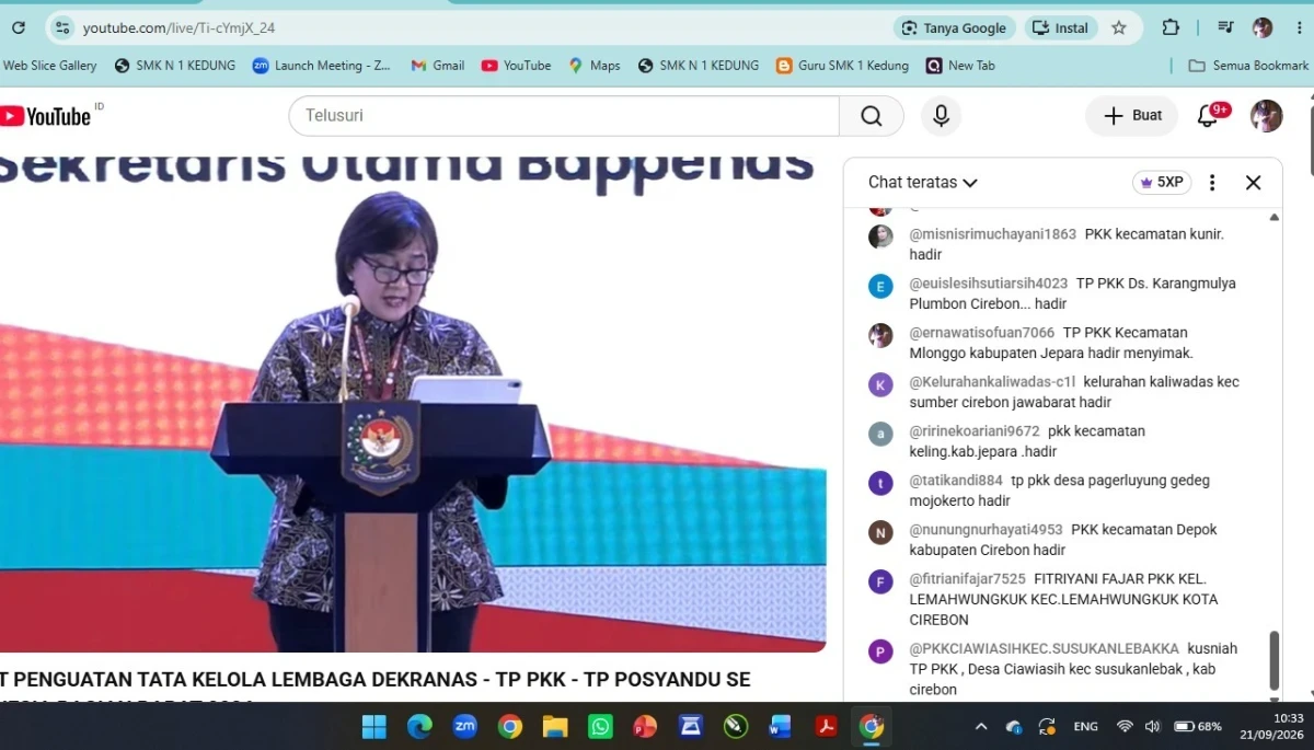 Ketua TP Posyandu kecamatan Kedung hadir di undangan zoom meeting rapat penguatan tata kelola lembaga Dekrasnas, TP PKK dan TP Posyandu 