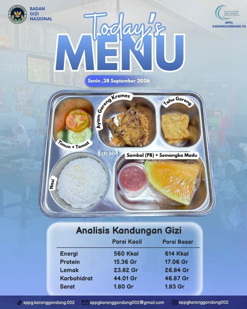 Menu MBG KB Mutiara: Nasi, Ayam Goreng Kremes, Tahu Goreng, Tomat Timun & Semangka Segar