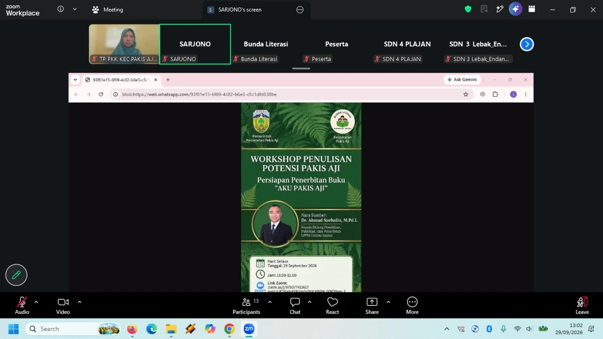 TP PKK Kecamatan Pakis Aji mengikuti kegiatan Zoom Meeting tentang Workshop Penulisan Potensi Pakis Aji dalam rangka persiapan penerbitan buku "Aku Pakis Aji"