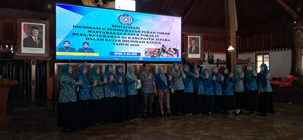 Pada hari Selasa, tanggal 14 juli 2026 kader Pokja IV mengikuti sosialisasi imunisasi dan peningkatan peran tokoh masyarakat, kader Pokja IV Desa/kelurahan se kabupaten Jepara dalam kejar imunisasi balita tahun 2026 di pendopo RA Kartini kabupaten Jepara 