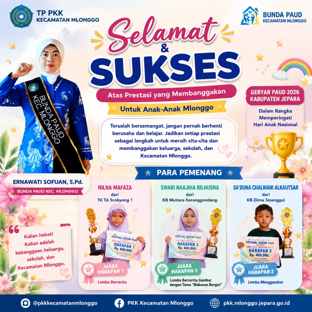 Bunda PAUD Kecamatan Mlonggo Menyampaikan Ucapan Selamat untuk Anak PAUD Mlonggo Berprestasi